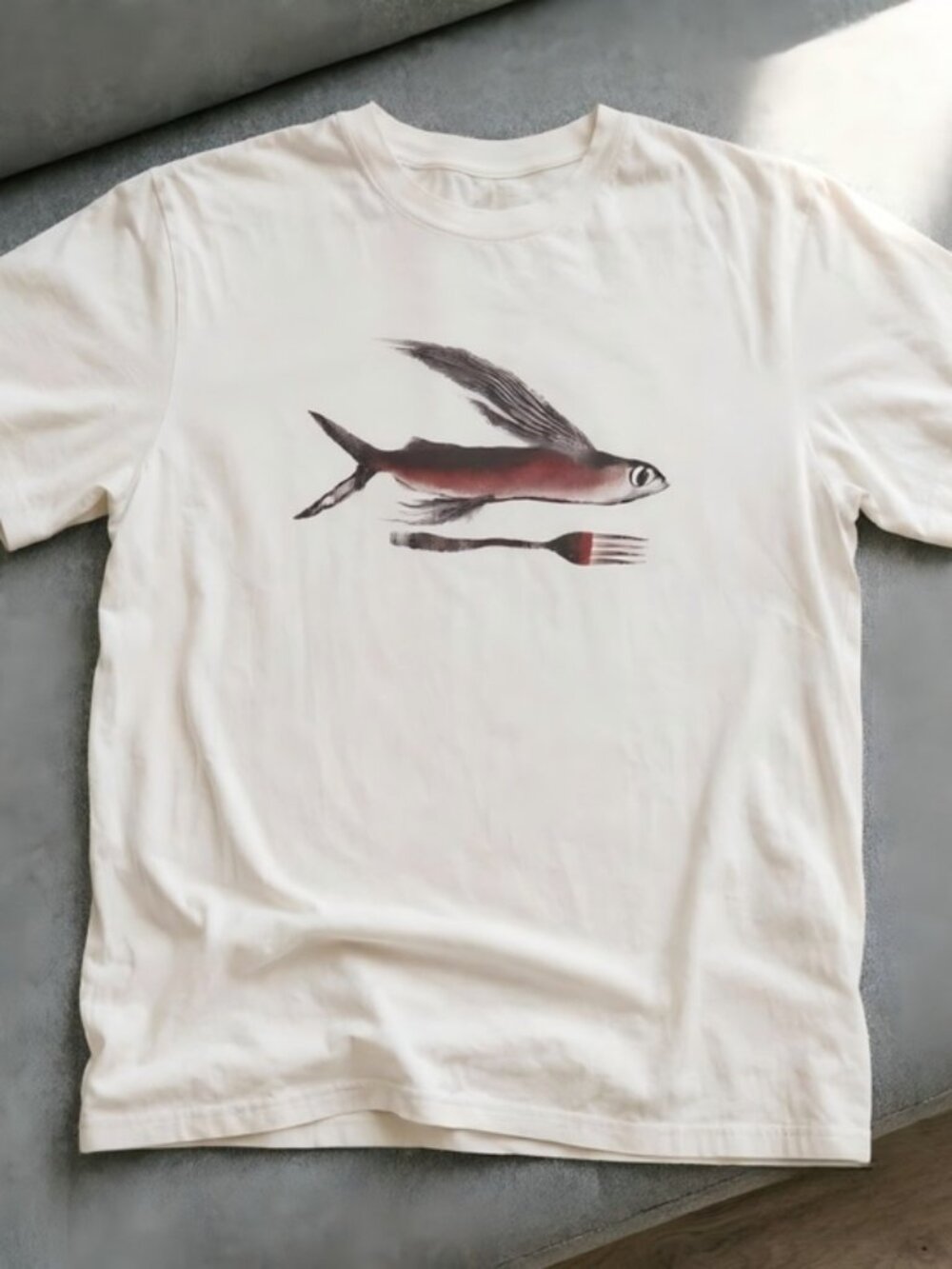 Flying Fish Fork Graphic Tee White Unisex Women Men T-shirt unisex